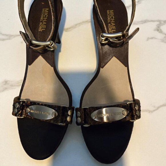 Michael Kors Snake Skin Stiletto Sandals – Brown/Gold Sz 11M - Picture 1 of 8